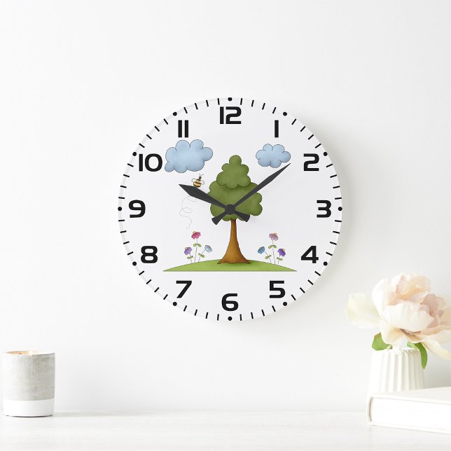 Bee and Tree Nature Scene with Flowers and Clouds Large Clock (Creator Uploaded)