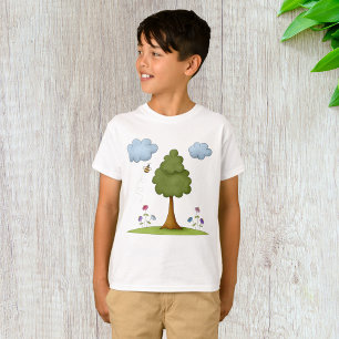 Bee and Tree Nature Scene with Flowers and Clouds T-Shirt