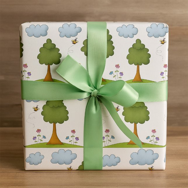 Bee and Tree Nature Scene with Flowers and Clouds Wrapping Paper (Creator Uploaded)