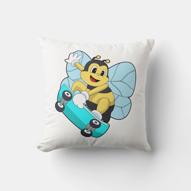 Bee as Skater with Skateboard Throw Pillow (Front)