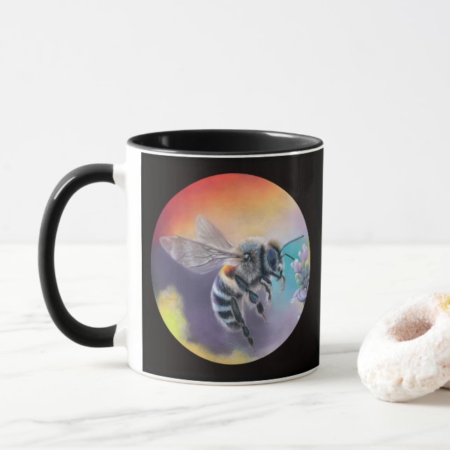 Bee at Flower mug. Beautiful colorful bumblebee  Mug (With Donut)