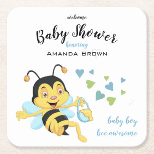 Bee Awesome Baby Boy Shower   Square Paper Coaster