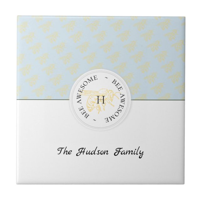 Bee Awesome Golden Bee Personalized Monogram Tile (Front)
