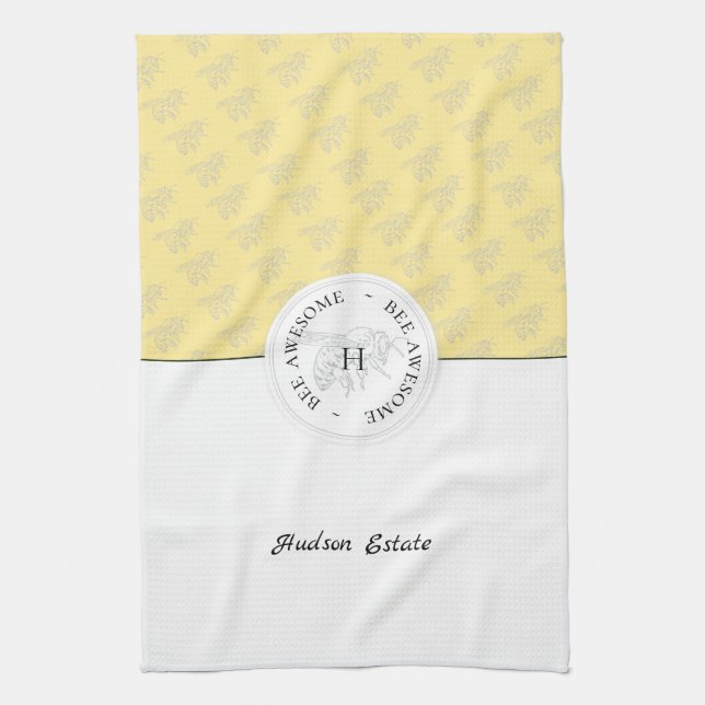 Bee Awesome Silver Honey Bee Personalized Monogram Kitchen Towel (Vertical)