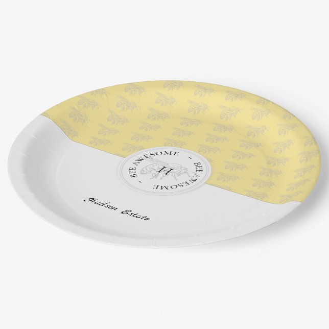 Bee Awesome Silver Honey Bee Personalized Monogram Paper Plate (Angled)