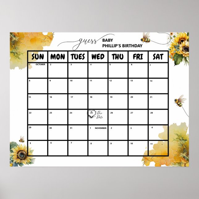Bee Baby Shower | Due Date Poster (Front)
