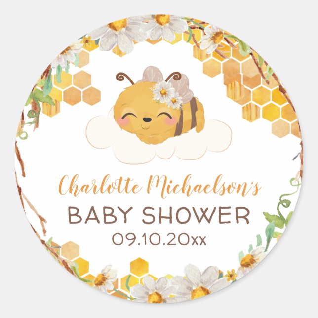 Bee Baby Shower Floral Honeycomb Classic Round Sticker (Front)