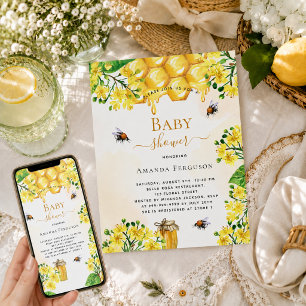 Bee Baby shower gold yellow florals cute  Invitation