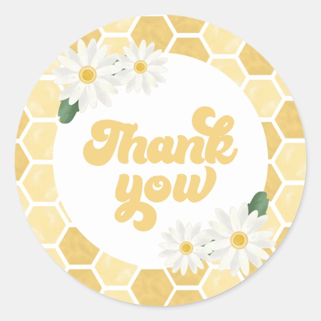 Bee Baby Shower honeycomb and daisies Thank You Classic Round Sticker (Front)
