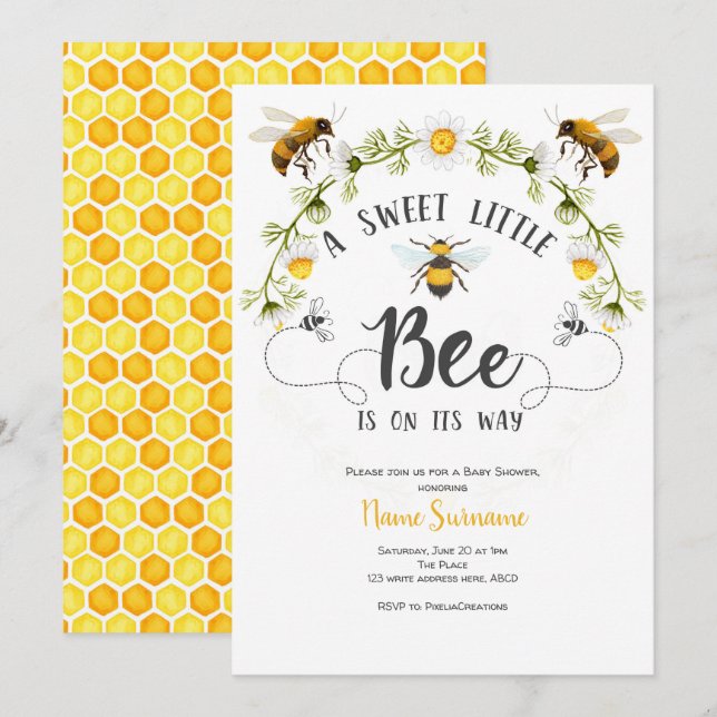 Bee baby shower invitation, A sweet little bee Invitation (Front/Back)