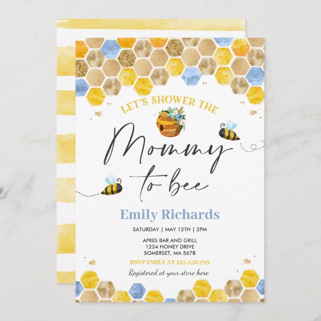 Bee Baby Shower Invitation Blue Mommy To Bee (Front/Back)