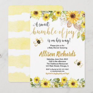 Bee baby shower invitation boy yellow bumblebee