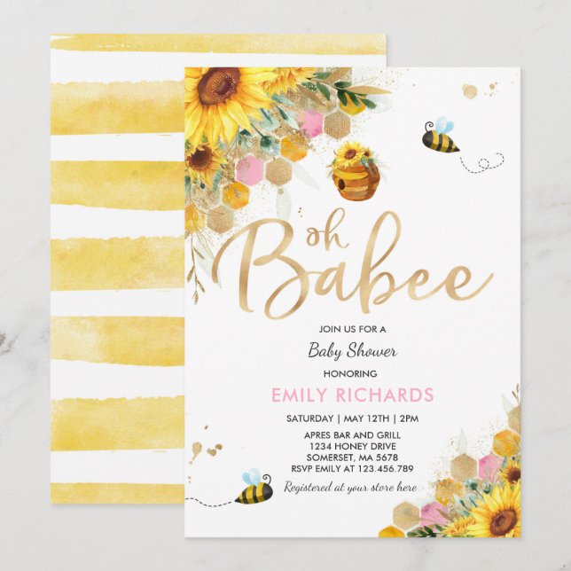 Bee Baby Shower Invitation Floral Babee Shower (Front/Back)