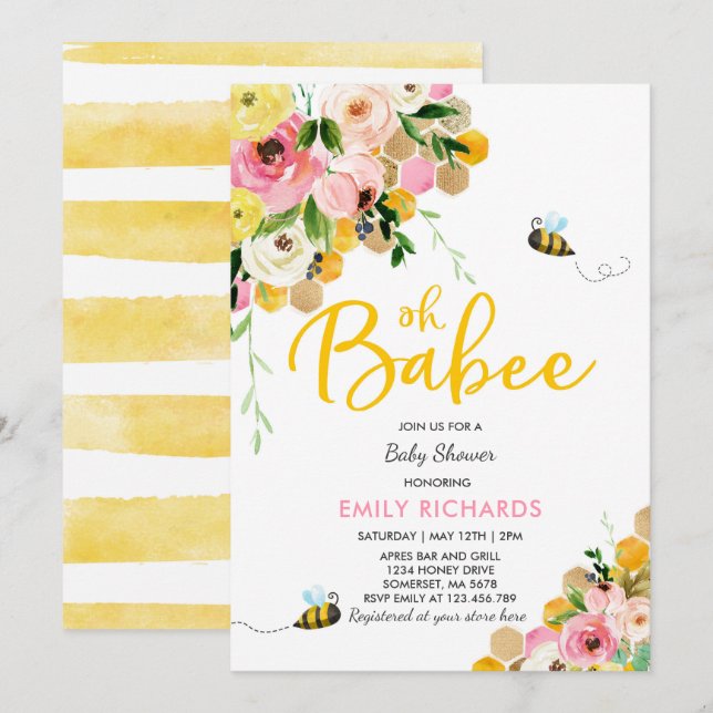 Bee Baby Shower Invitation Floral Babee Shower (Front/Back)