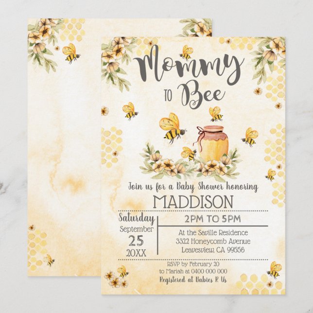 Bee Baby Shower Invitation Mommy to Bee (Front/Back)