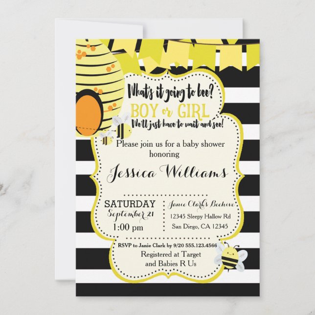 Bee Baby Shower Invitation or Gender Reveal Party (Front)