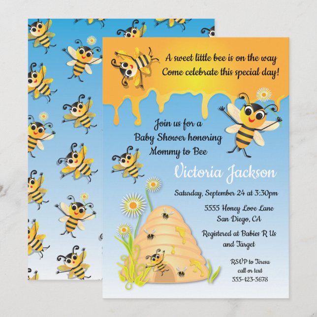 Bee Baby Shower Invitation with beehive (Front/Back)