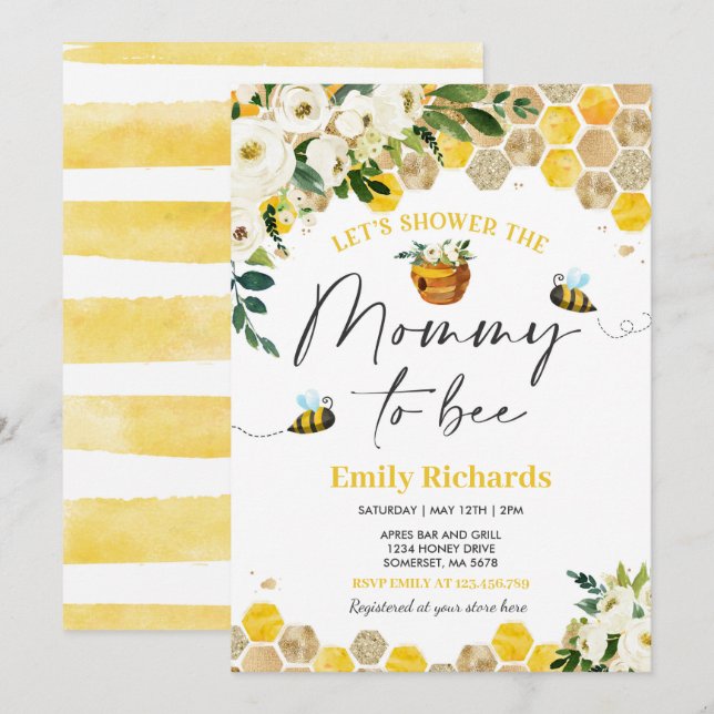 Bee Baby Shower Invitation Yellow Mommy To Bee (Front/Back)