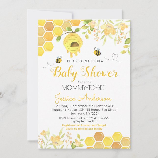 Bee Baby Shower Invitations Garçon Girl Bumble Bee (Devant)