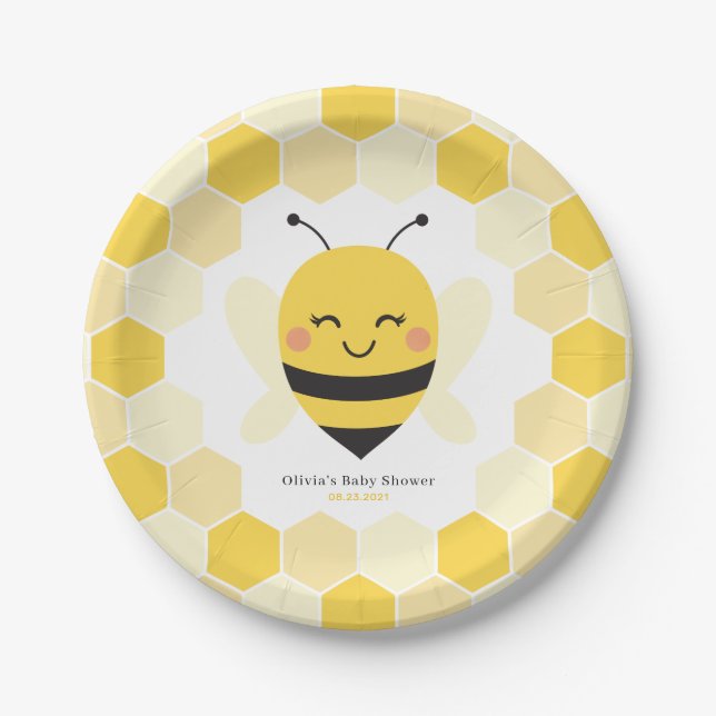 Bee Baby Shower Paper Plates with Honeycomb Design (Front)