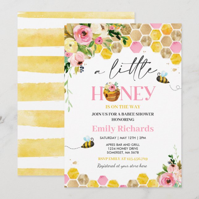 Bee Baby Shower Pink A Little Honey On The Way Invitation (Front/Back)