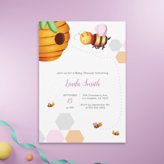Bee Baby Shower Pink Girl Illustration Invitation (Creator Uploaded)