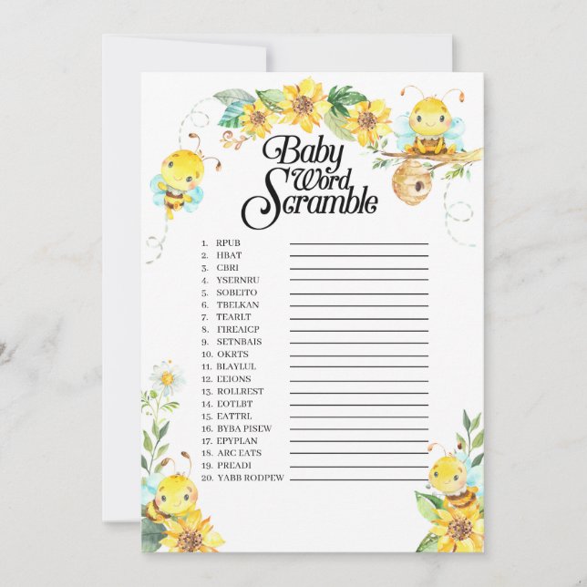Bee Baby Shower Word Scramble Game Invitation (Front)