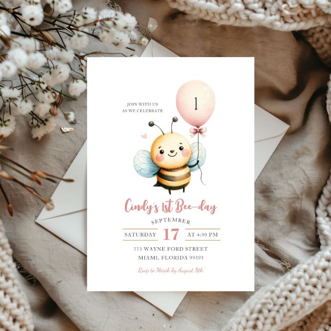 Bee Balloon First Birthday Invitation (Creator Uploaded)
