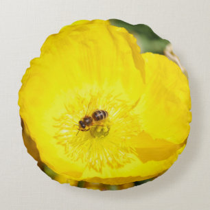 Bee Bathed in Yellow Round Pillow