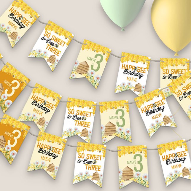 Bee Beehive and Honeycomb 3rd Birthday Bunting Flags (3rd Birthday Party bunting with bee theme and cute bee puns inc sweet to be 3 and happ-bee birthday)