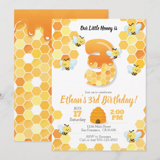 Bee birthday, Bee Invitation for 3rd Birthday (Front/Back)