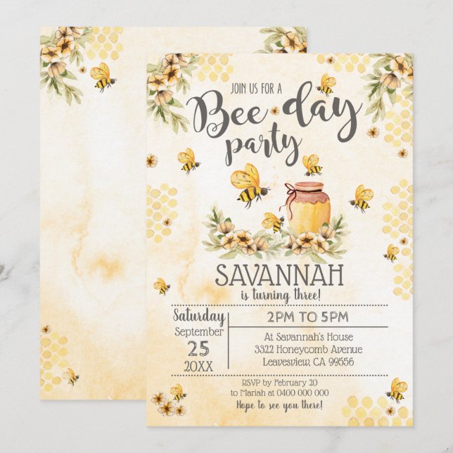 Bee Birthday Invitation Bee Day Party (Front/Back)