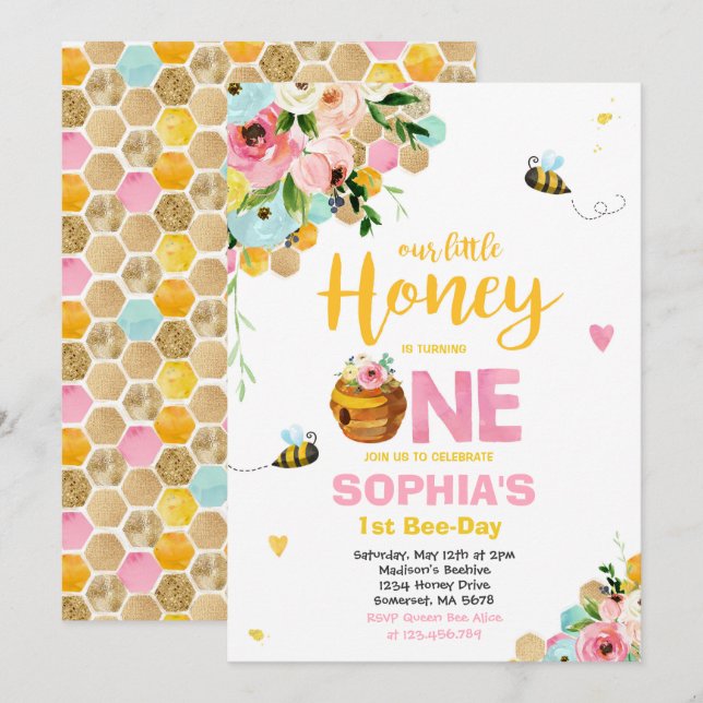 Bee Birthday Invitation Honey Bee Birthday Party (Front/Back)