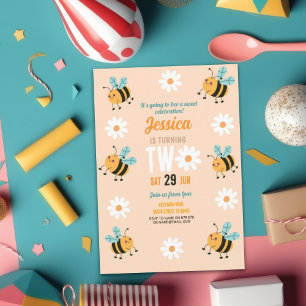 Bee Birthday Invitation Party Flower Daisy Two 2