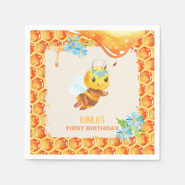 Bee Birthday Napkin - Girl - Custom (Front)