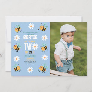 Bee Birthday Photo Party Blue Daisy Two 2  Invitation