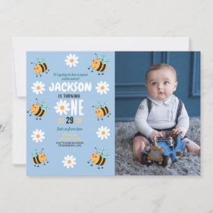 Bee Birthday Photo Party Daisy Blue Boys Invitation