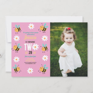 Bee Birthday Photo Party Pink Daisy Two 2 Invitation