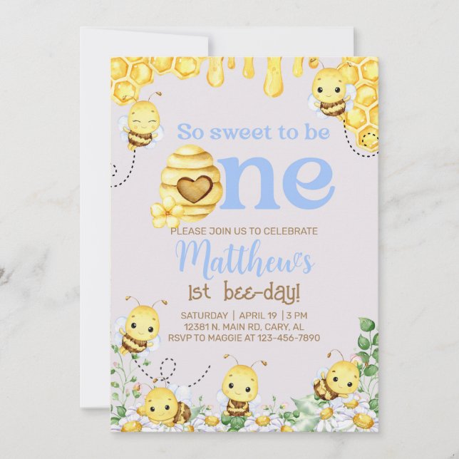 Bee boy 1st birthday invite, bumblebee, honeybee. invitation (Front)