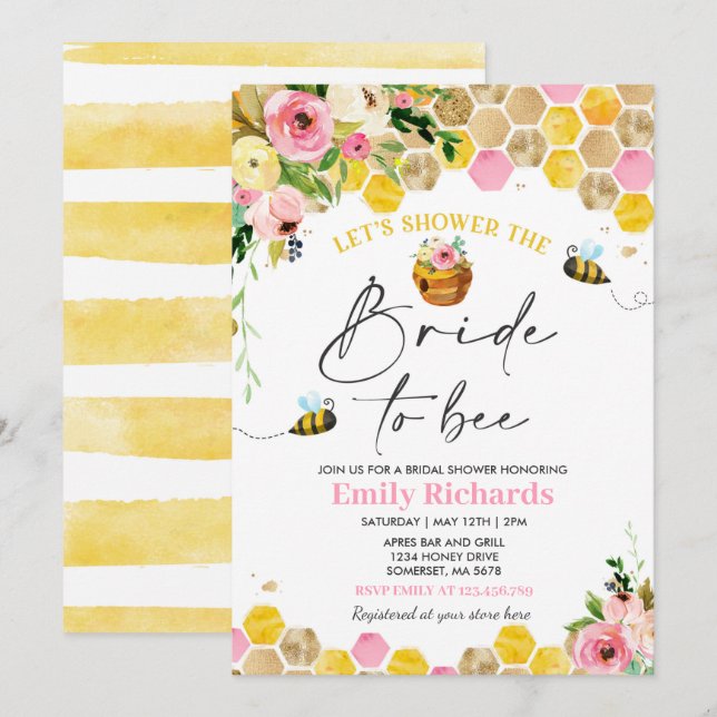 Bee Bridal Shower Pink & Gold Floral Bride To Bee Invitation (Front/Back)