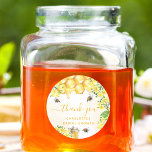 Bee Bridal shower yellow floral honey thank you Classic Round Sticker<br><div class="desc">A stylish white and golden watercolored background.  Decorated with bumble bees,  melting honey and honeycomb with yellow florals,  flowers and a honey jar.   The text: thank you with a golden hand lettered style script with swashes.  Personalize and add a name and text. For bridal shower party favors.</div>