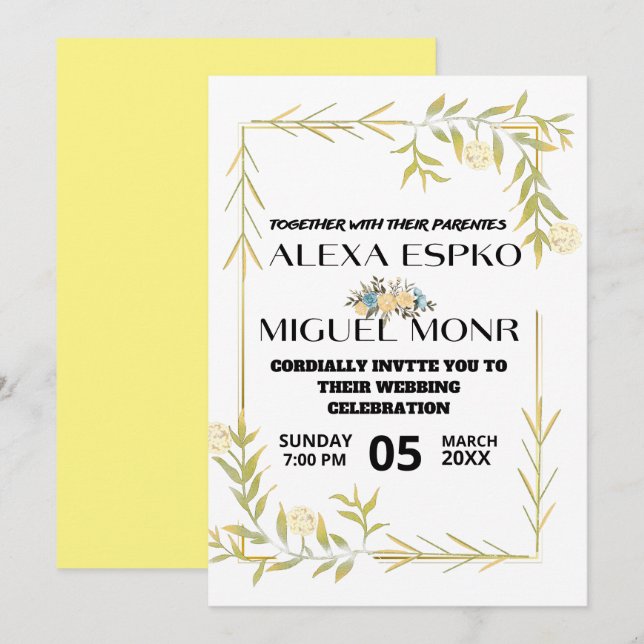 Bee Bridal shower yellow florals party Invitation (Front/Back)