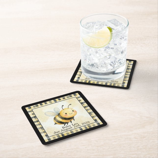 Bee Bug Boy Baby Shower Square Paper Coaster (Insitu)