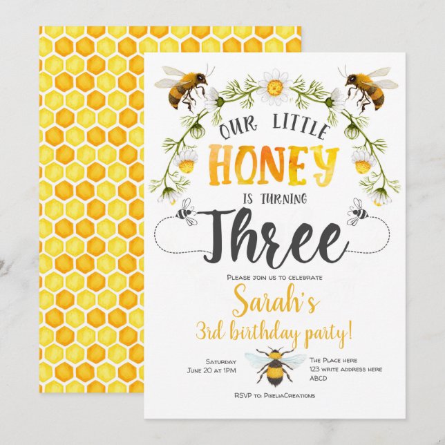 Bee, Bumble bee, Little Bee, Girl, 3rd birthday Invitation (Front/Back)