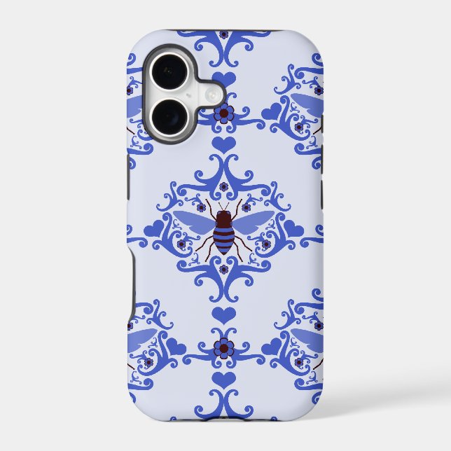 Bee bumblebee blue damask wallpaper pattern case (Back)