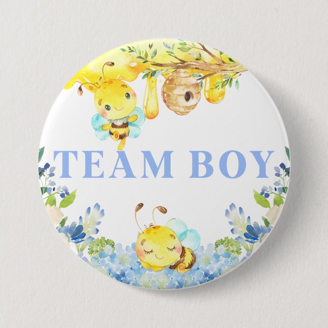 bee bumblebee gender reveal team boy button. 3 inch round button (Front)