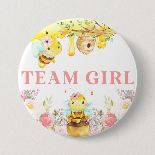 bee bumblebee gender reveal team girl button. 3 inch round button (Front)