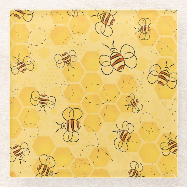 Bee Buzzing Honey Bees Cute  Glass Coaster (Front)