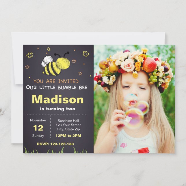 Bee Chalkboard Birthday Invitation with photo (Front)