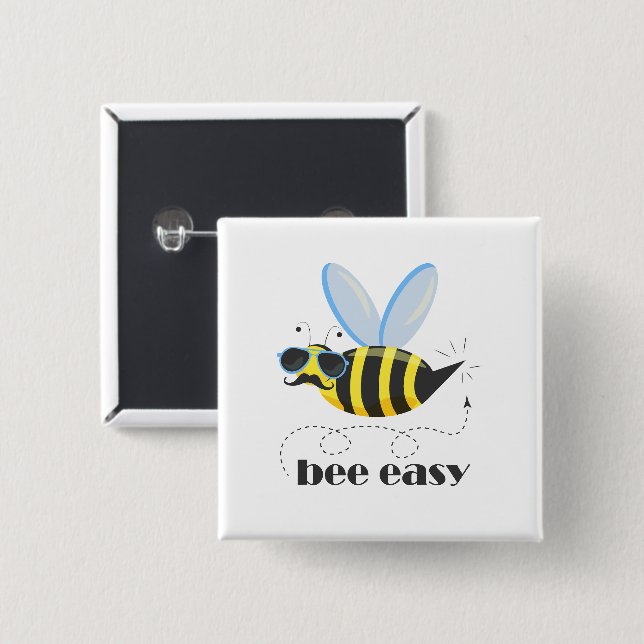 Bee character with moustache sunglasses Bee Easy 2 Inch Square Button (Front & Back)